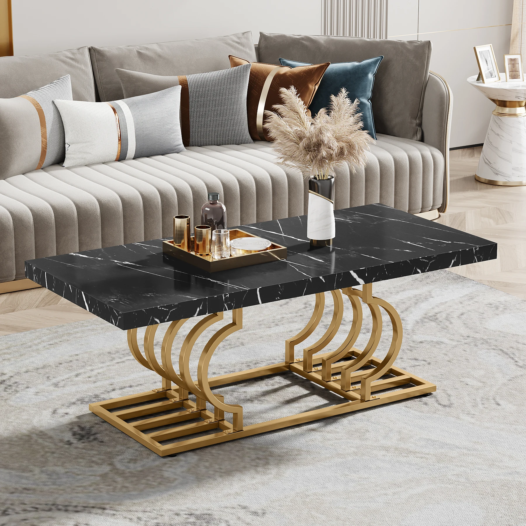 Tribesigns Modern Coffee Table, 47 Inch Faux Marble Cocktail Table with Geometric Frame, Rectangular Center Table Tea Table