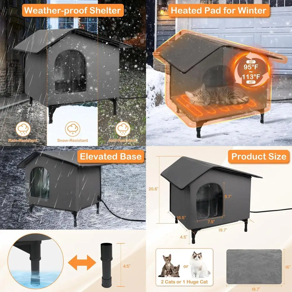 

Insulated Outdoor Cat Shelter with Heated Bed and Soft Mat for Feral and Domestic Cats - Weatherproof Gray