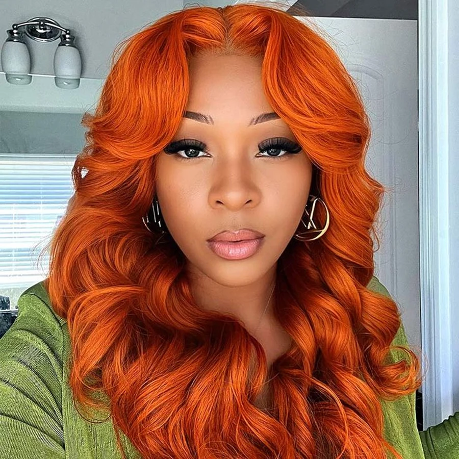 Ginger Orange Lace Front Wigs Human Hair Pre Plucked Orange Bob Body Wave Human Hair Wigs 13x4 HD Lace Front Wigs 200% Density