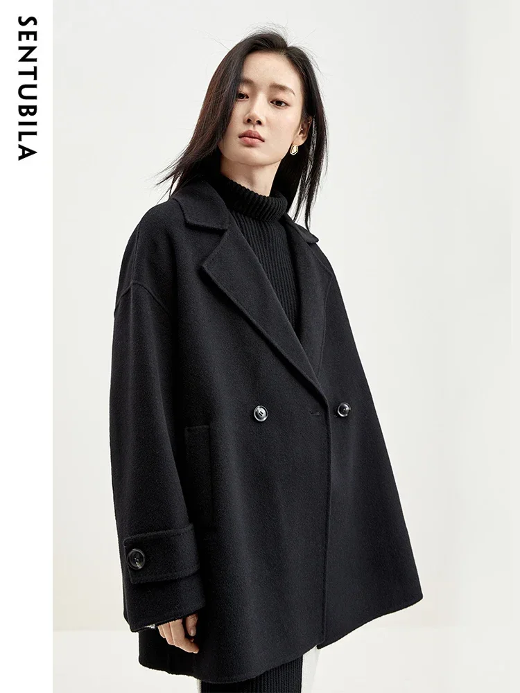 SENTUBILA Black Mid Length Woolen Coat Women 2024 Winter 100% Wool Loose Double Sided Notched Collar Autumn Coat Lady W44O58511X