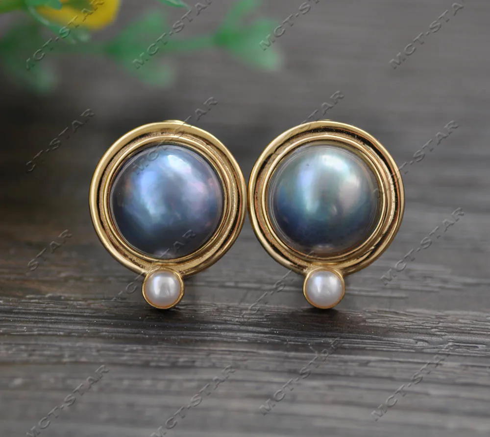 

MTC·STAR Z13203 Real 18mm Blue South Sea Mabe Pearl 925Silver Gild Earring Custom jewelry