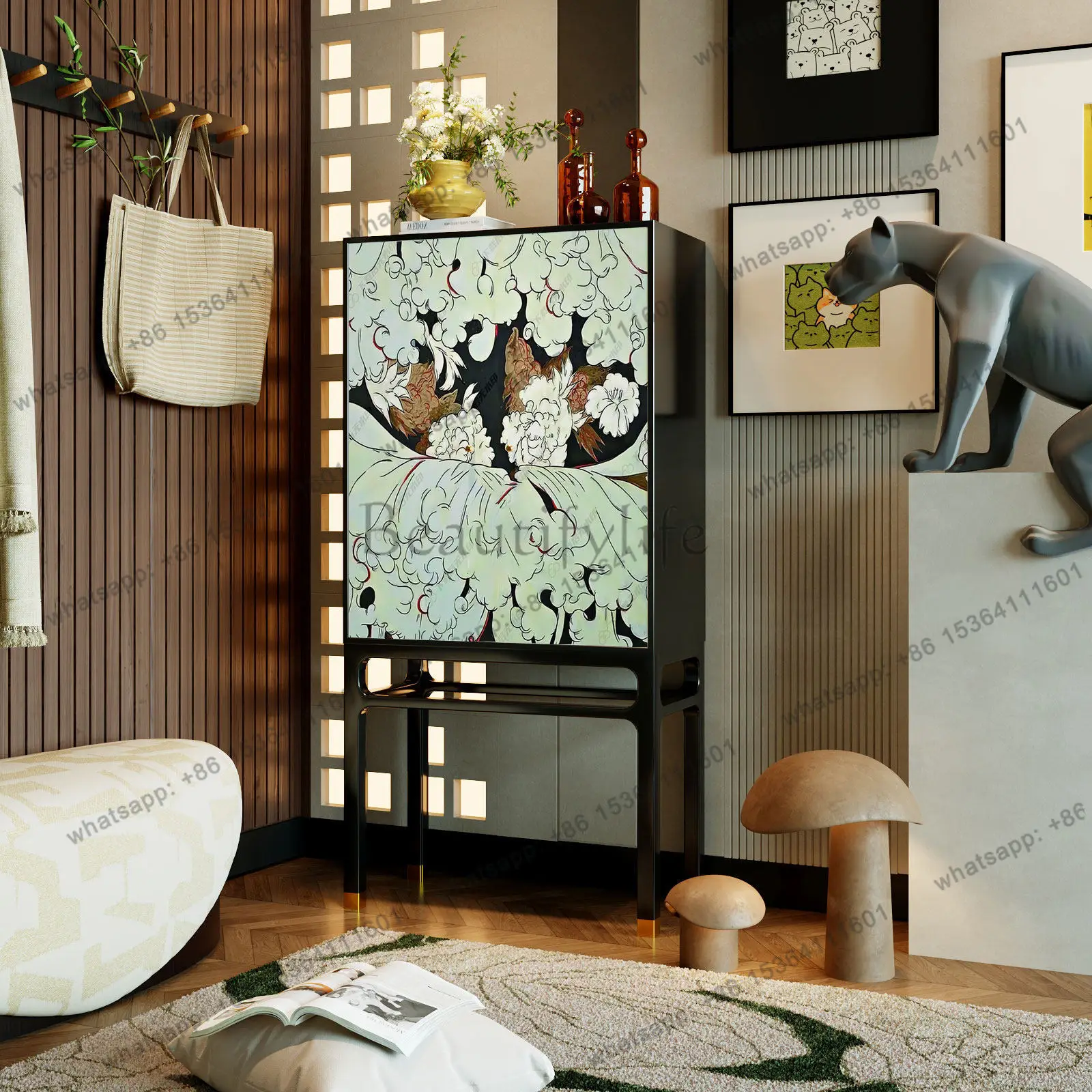 American light luxury solid wood living room decorative  enters the home and stores the high-footed cabinet against the wall