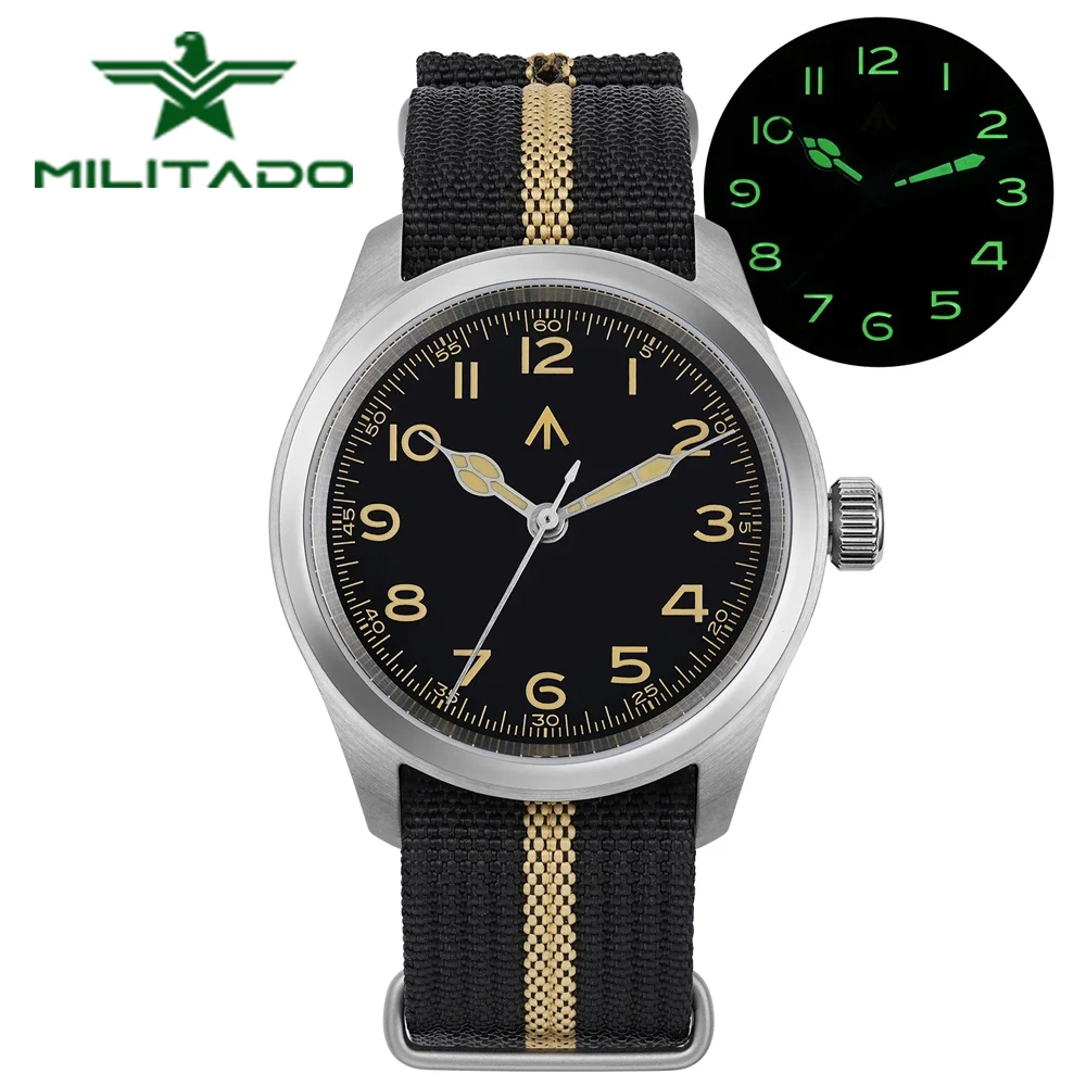 Militado ML08 Men Military Watch VH31 Quartz Movement Sapphire Luminous Waterproof Watches 38mm Vintage Stainless Steel Watch