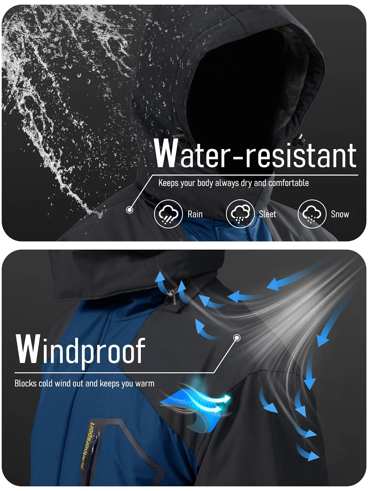 เสื้อโค้ทกันหนาวสำหรับผู้ชาย เสื้อแจ็คเก็ตกันน้ำสำหรับเล่นสกีและหิมะ เสื้อแจ็คเก็ตขนแกะอุ่น เสื้อพาร์กา เสื้อกันฝนมีฮู้ด กระเป๋าหลายช่อง เสื้อพาร์กาเก็บความร้อน