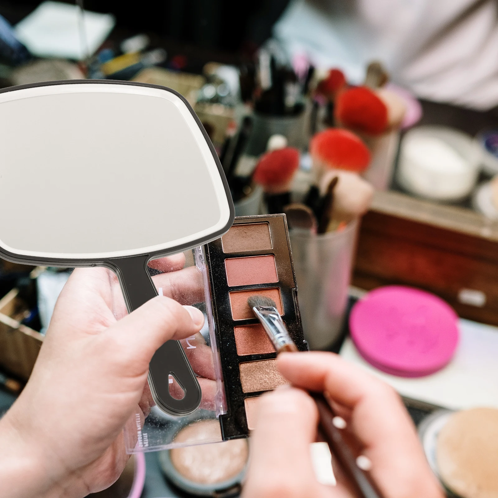 2 قطعة مرايا مكياج نسائية محمولة بمقبض بلاستيكي أداة سفر مدمجة ملحقات تجميل أساسية #1