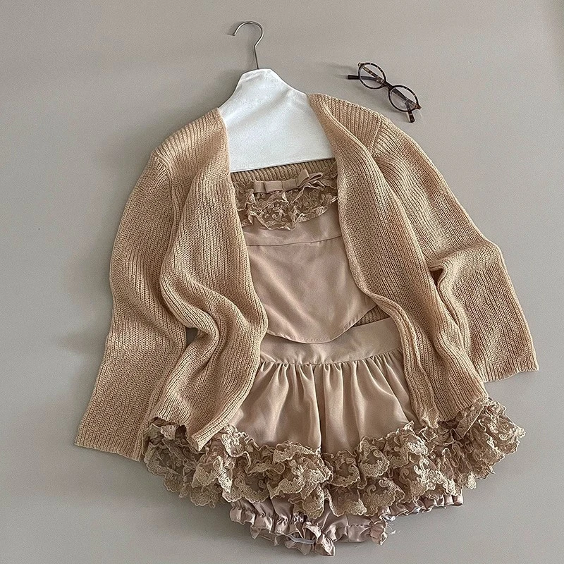 REDDACHiC Cutecore 3-قطعة المرأة مطابقة مجموعة القوس مشد صديرية دائرية الدانتيل تقليم تنورة صغيرة متماسكة طويلة الأكمام سترة الخريف الملابس