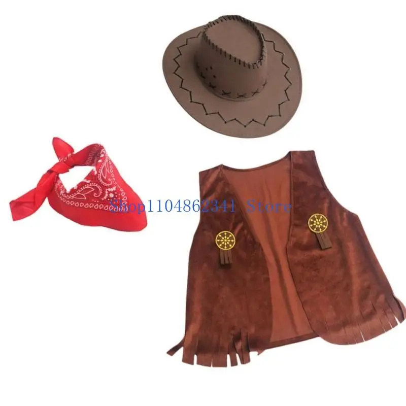 

5asd Western Cowboy Costume for Kids Cowboy Hat Vest Bandana Set Halloween Fancy Dress Accessories Western Outfits Gifts