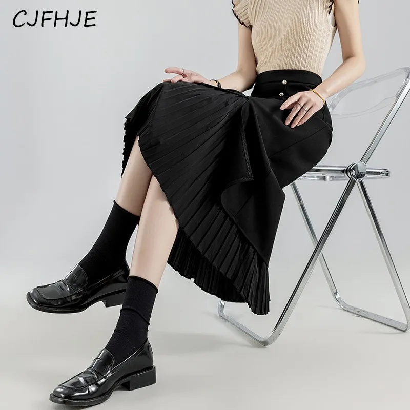 

CJFHJE New Korean High Waisted Pleated Patchwork Skirt Women Spring Fashion Irregular Black Mid Length Women's Hip Wrap Skirt