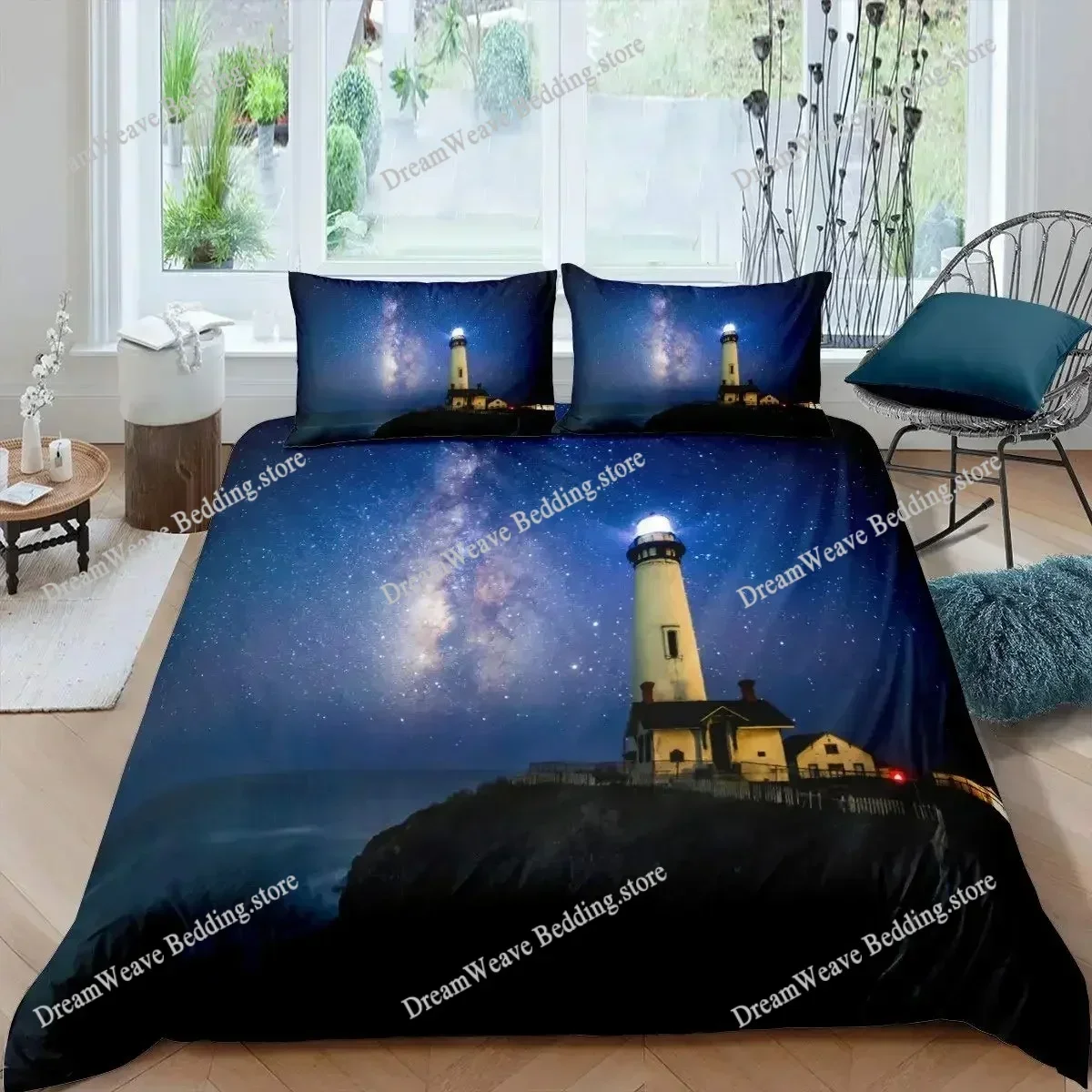 Lighthouse Duvet Cover Set Nautical Surfing Ocean Wave Bedding Set Queen Polyester Coastal Nature Theme Quilt Cover for Boy592FQ