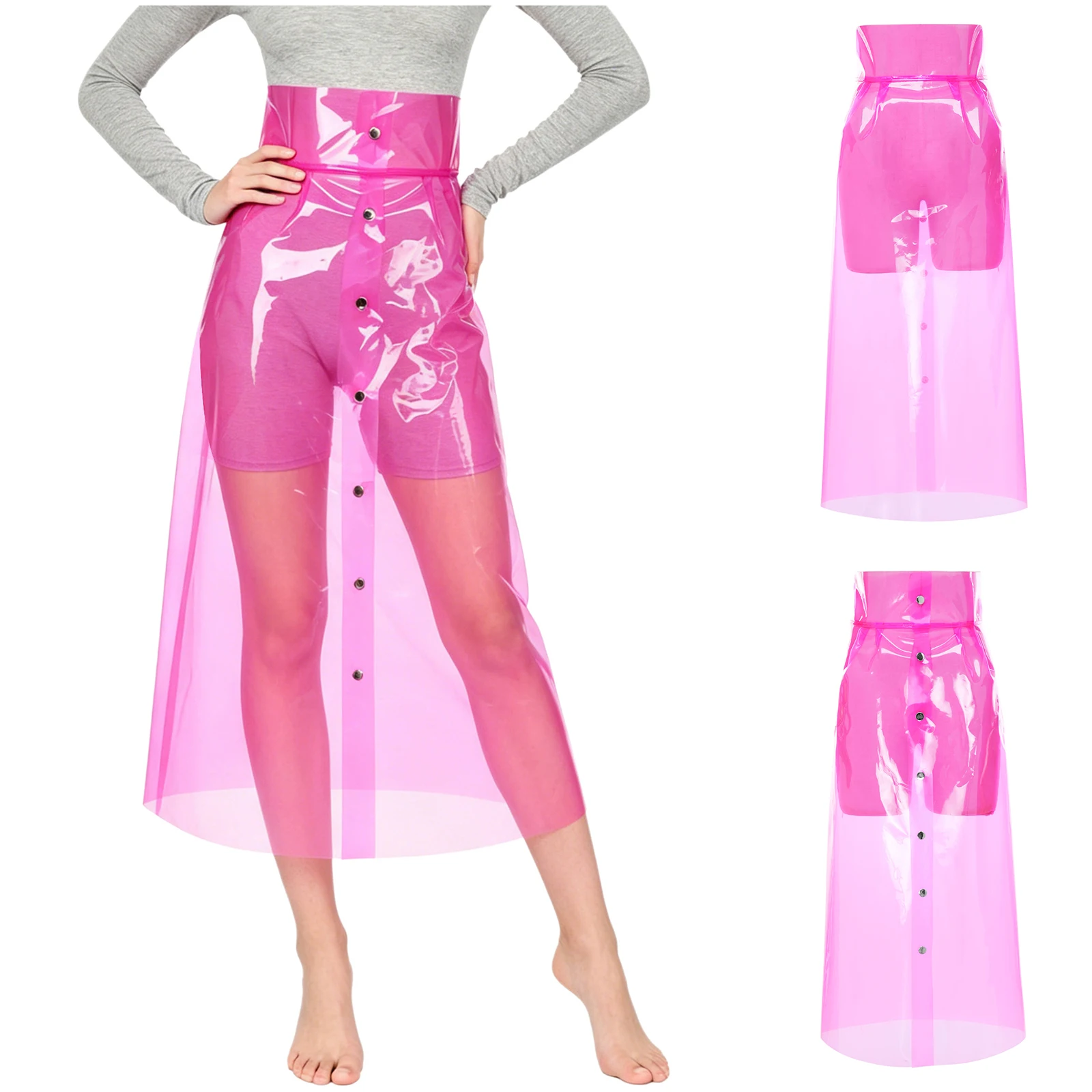 Damen Transparenter PVC-Rock mit Hoher Taille und Vorderknöpfen, Figurbetonter Bleistiftrock, Midi-Rock für Rave-Partys und Cosplay
