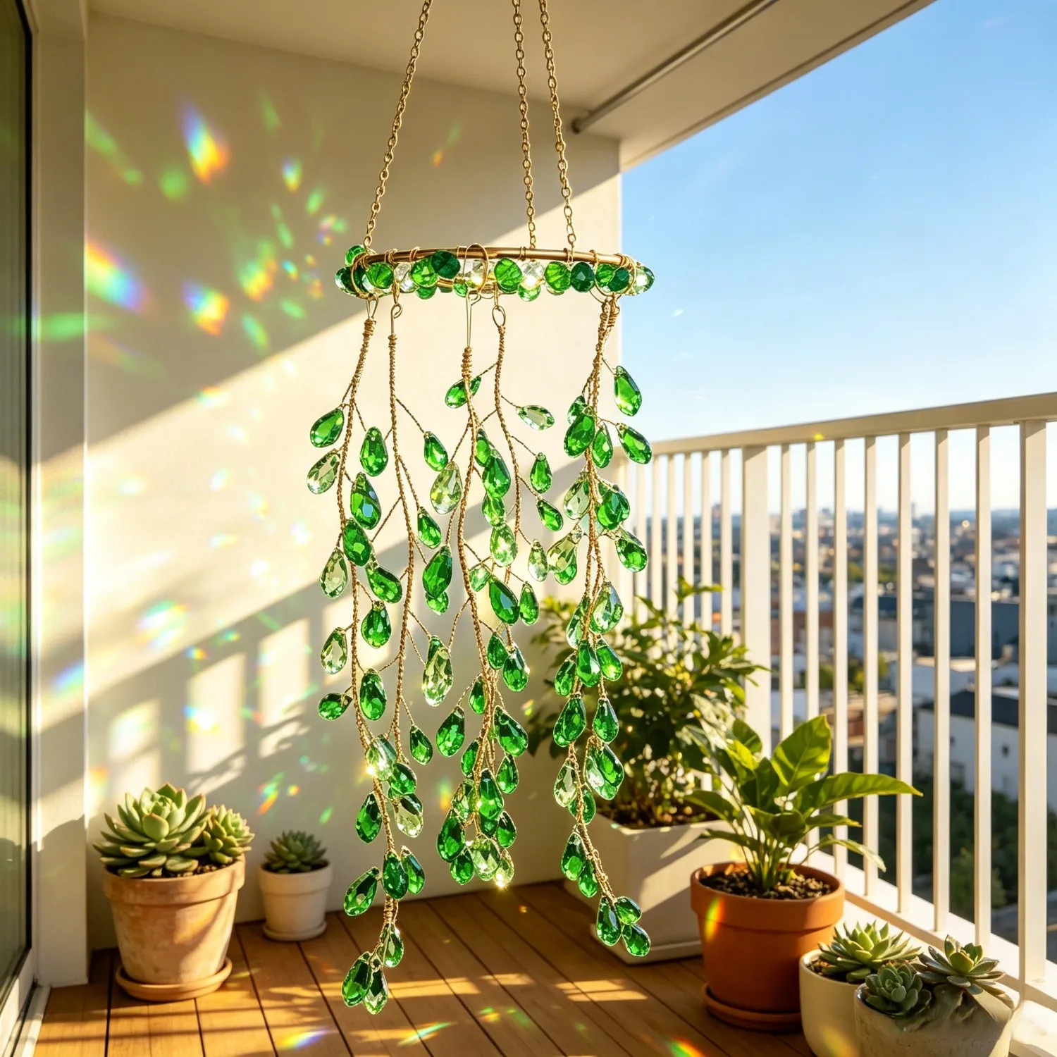 Hanging Glass Beads Osier Tree Sun Catcher Vibrant Light Reflection Artistic Home Accent Gold-toned Metal Chains