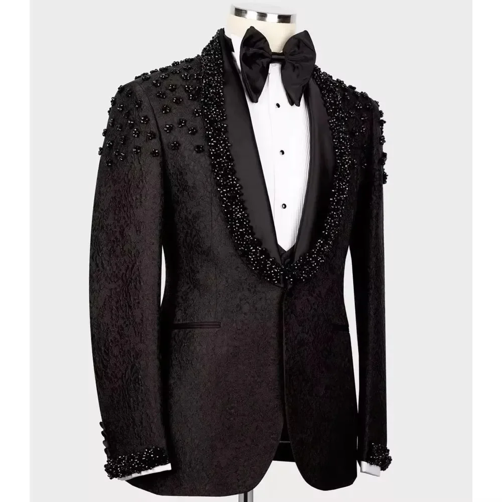 Black Jacquard Suits Men For Wedding Pearls Beaded 2 Pieces Jacket Pants Groom Tuxedo Formal Business Banquet