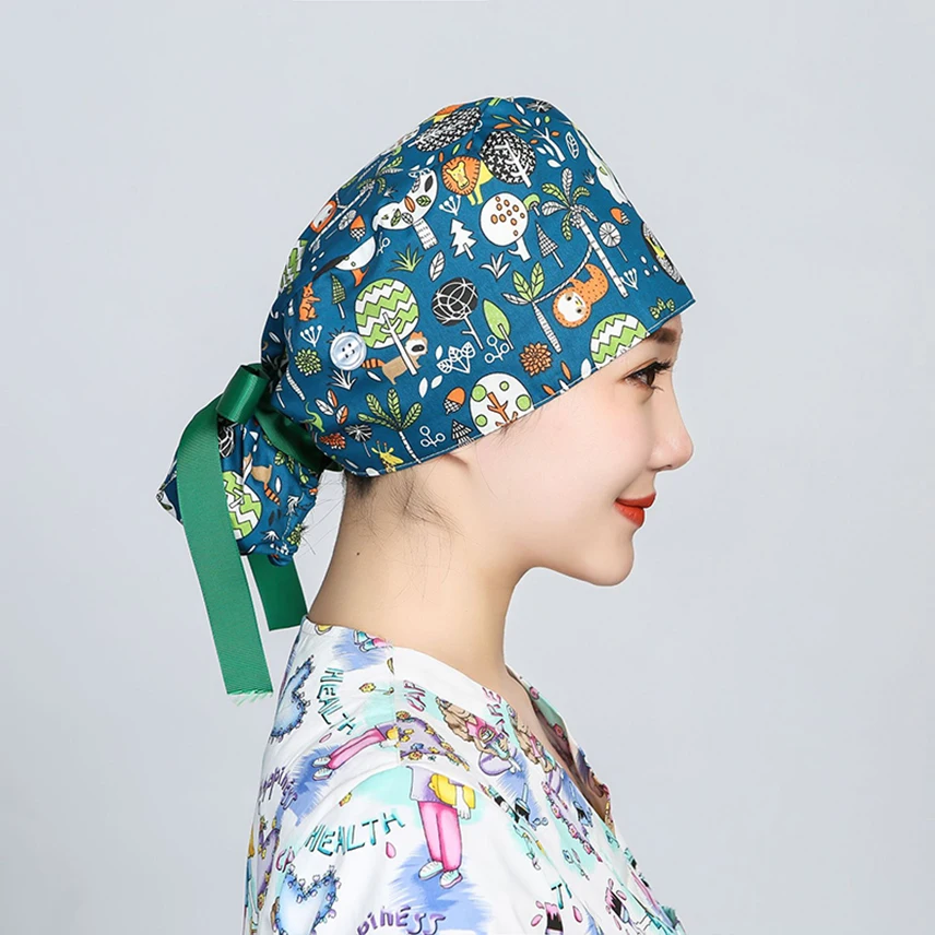 Women Operating Room Scrub Cap Long Hair Cover Cap Cotton Cartoon Printing Hats Beauty Work Hat Anti-Dirty Adjustable Doctor Hat