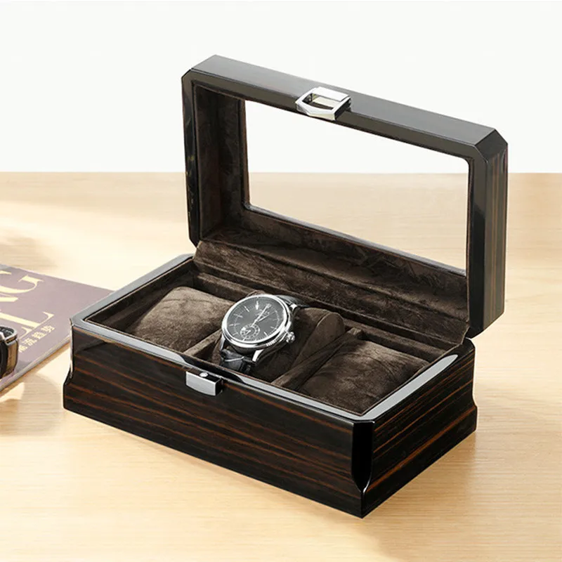 Black Luxury Wood Grain Watch Box 3 Slots Men Quartz Mechanical Watch Boxes Collection Storage Box