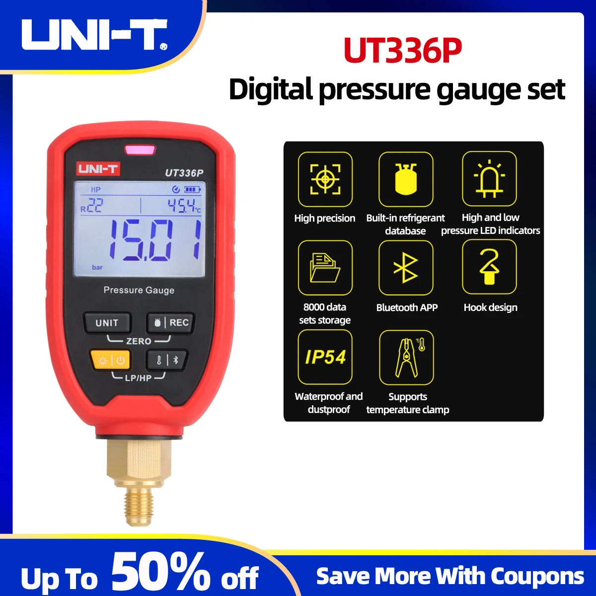 Manómetro Digital Profesional UT336P con Base de Datos de Refrigerantes, Alarma LED, IP54 para Aire Acondicionado, Mantenimiento de Aire Acondicionado de Automóviles