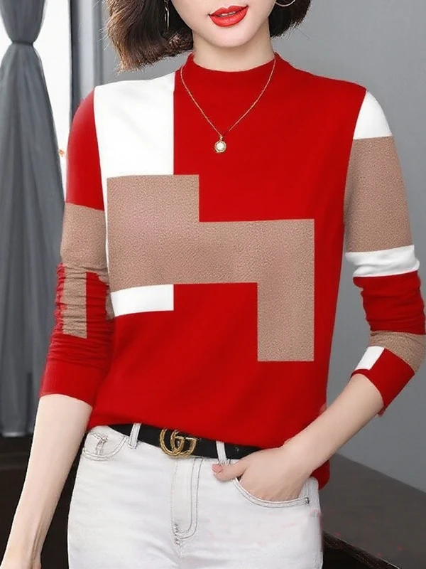 

Elegant Geometric Print Long Sleeve High Collar Thickened T-Shirt for Women Middle-Aged And Elderly Mommy Style Warm Top
