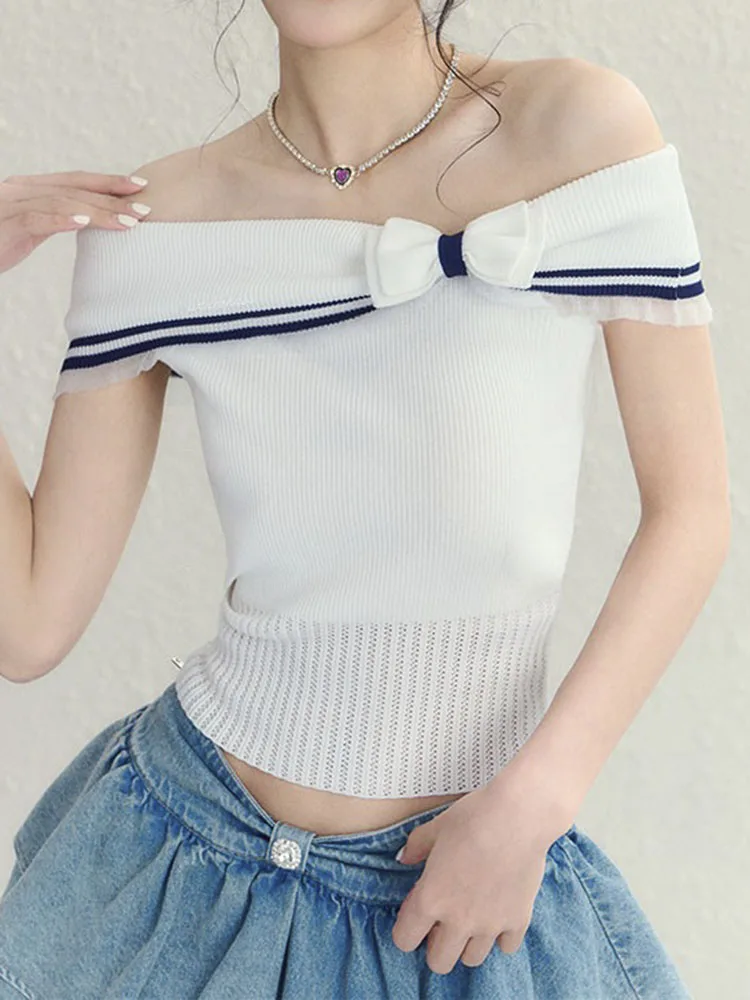 

Sexy Slim Off The Shoulder Tshirt Summer Crop Top One Short Sleeve Shirts for Women Y2k Top Ropa De Mujer Knit Tops