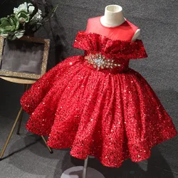 Shining Red Flower Girl Dresses for Wedding Sequins Off The Shoulder Girl Kids Birthday Party First Holy Communion Gown