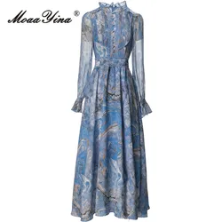 MoaaYina Spring Fashion Designer Vintage Print Party Dress Women's Lantern Sleeve Button Ruffles Lace Frenulum Slim Long Dress