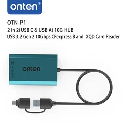 ONTEN OTN-P1 Leitor de cartão, USB C e USB A, 10G HUB, USB 3.2 Gen 2, 10Gbps, CF Express B e XQD