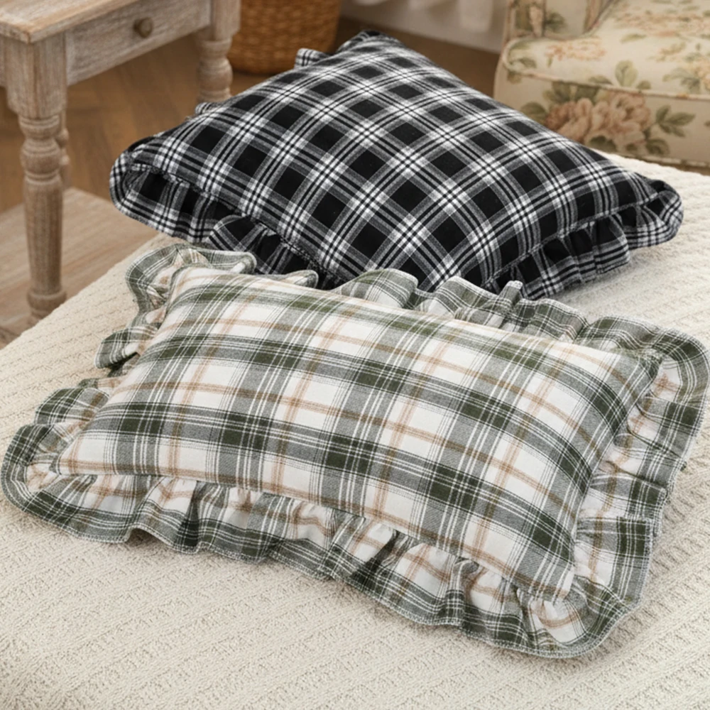BUYNOW 1 STÜCK Zweifarbiger karierter Spitzenkissenbezug Britischer Vintage-Stil Countryside Cottage Sofa Kissenbezug Home Schlafzimmer Bett Dekor – Detail 11