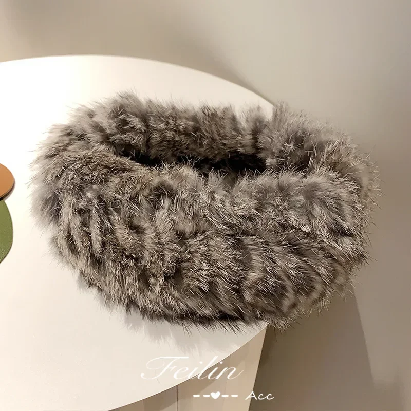 Autumn Winter Knitted Real Rabbit Fur Headband for Women Fluffy Elastic Hair Bands Ring for Ladies Hair Ties резинка для волос