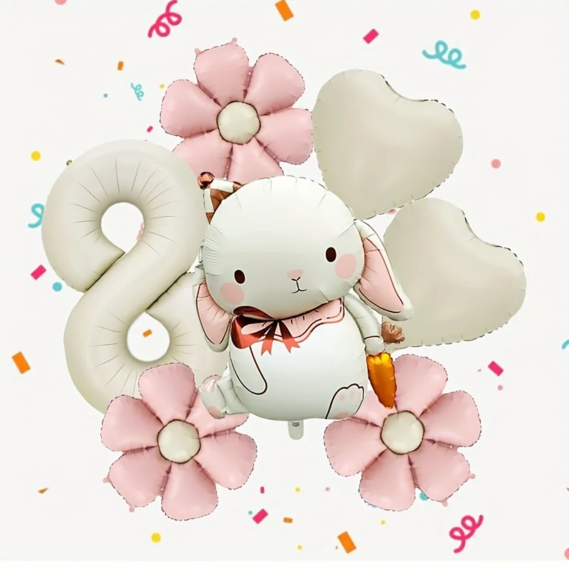 7-teiliges bezauberndes Kaninchen-Gänseblümchen-Ballon-Set, 40 Zoll, cremeweiß, Nummer 1–9, Geburtstagsballon, Cartoon-Kaninchen, Ostern, Party-Dekoration