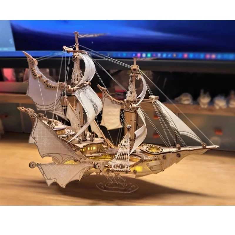 3D-Holzpuzzle Fantasy-Elfen-Schiff-Modell DIY-Bausatz mit Beleuchtung für Erwachsene Hobby-Sammlung Geburtstagsgeschenk