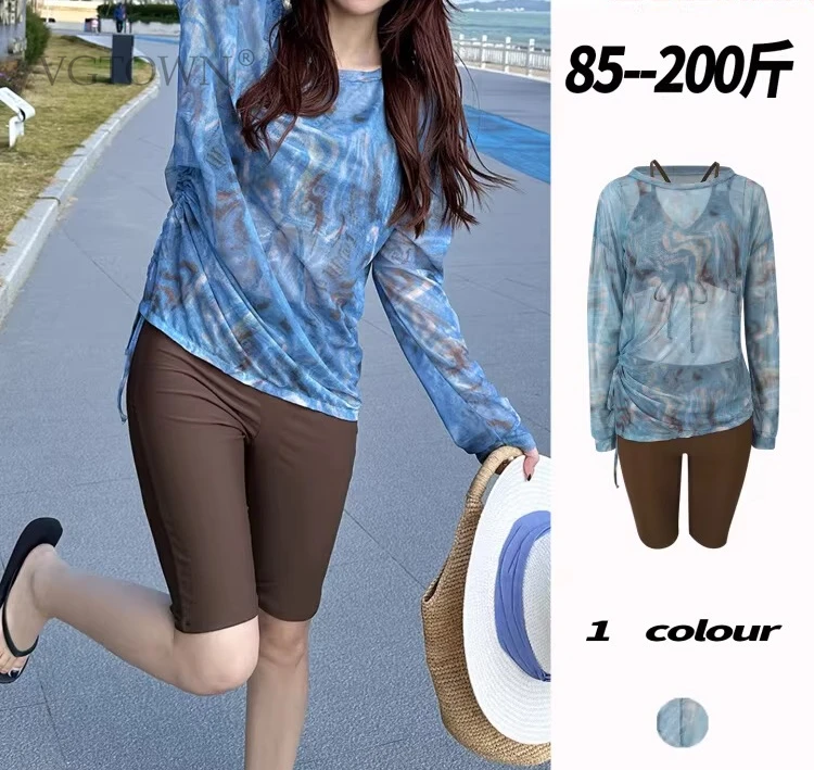 

Новинка 2026, большие размеры 6XL, женские купальники с длинными рукавами, комплект из двух предметов, лоскутные купальники, летняя пляжная одежда, шорты-боксеры