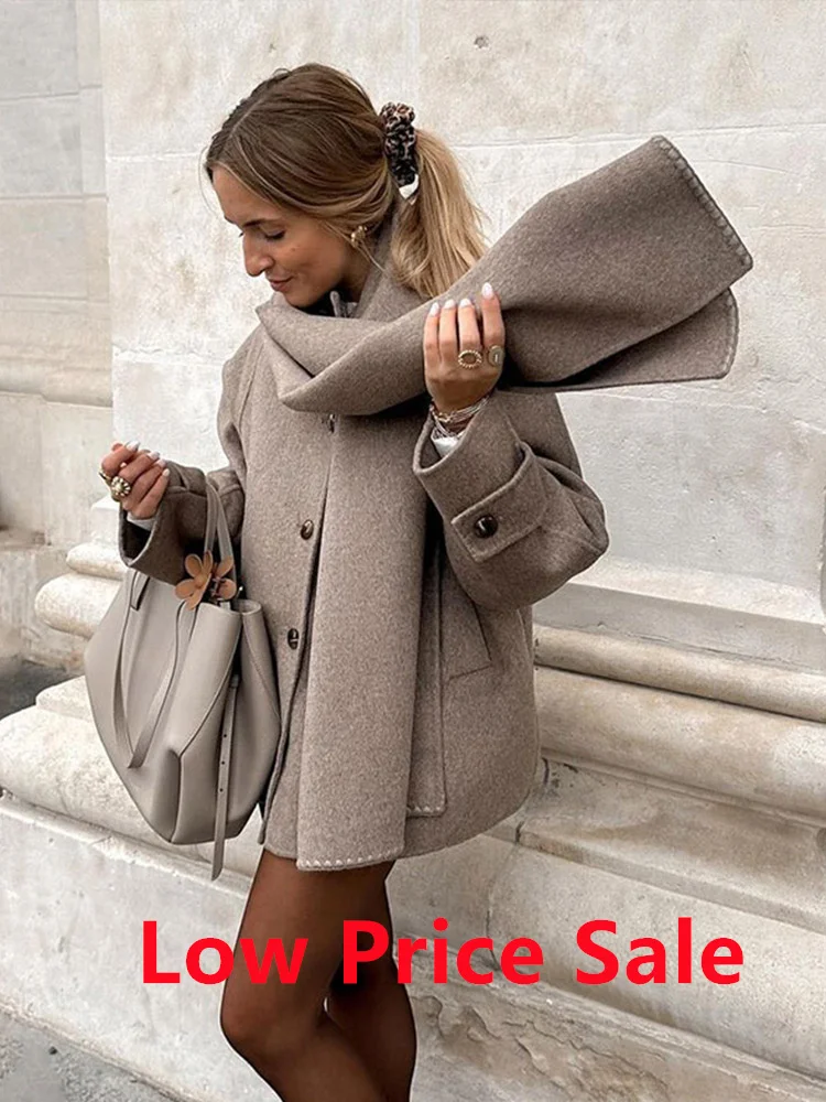 Chaquetas cortas con cuello de bufanda elegante para mujer, chaqueta informal holgada de color caqui con una sola botonadura, ropa de calle alta elegante para otoño e invierno