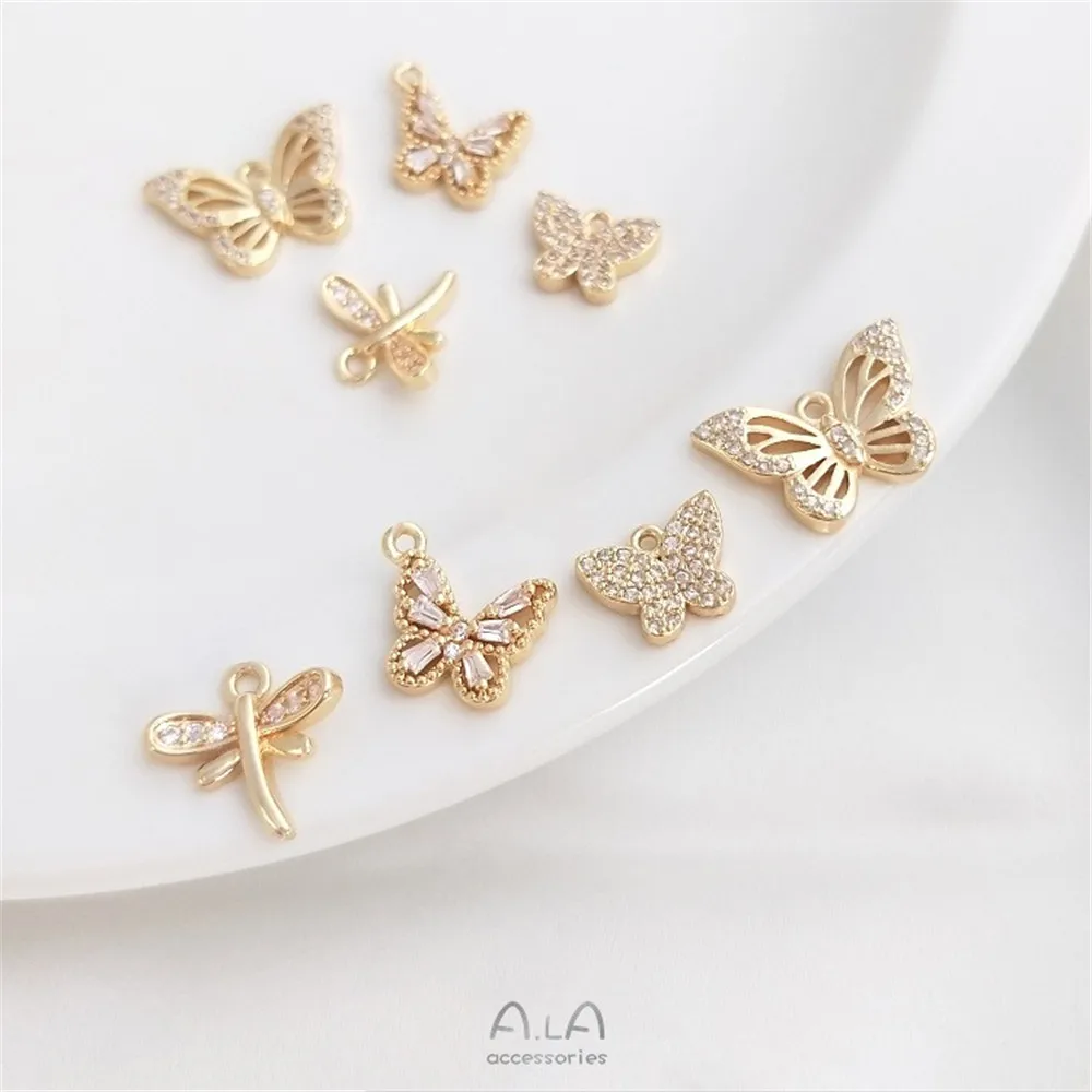 

14K Gold Color Preservation Micro-inlaid Zircon Small Butterfly Dragonfly Pendant Handmade Diy Bracelet Pendant Earrings Jewelry