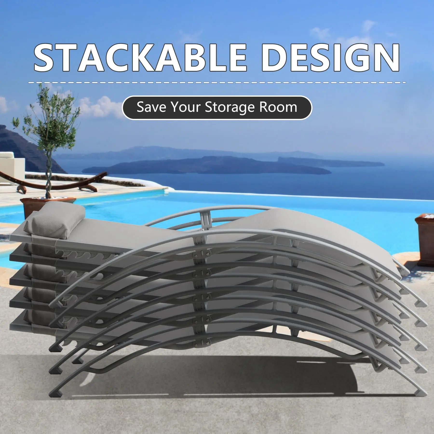 مجموعة كراسي استلقاء للتشمس مكونة من 3 قطع من الألومنيوم قابلة للتعديل في الهواء الطلق وطاولة جانبية معدنية لجميع الأحوال الجوية بجانب حمام السباحة في الفناء الخلفي