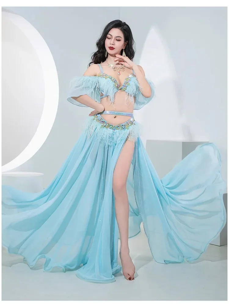 

Belly Dance Performance Suit for Women Senior AB Stones Bra+satin Split Long Skirt 2pcs for Women Oriental Belly Dancing Outfit