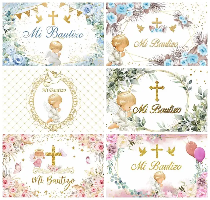 Laeacco Mi Bautizo Backdrop Cute Angel Gold Cross Peace Dove Boy Girl Baptism Christening Portrait Custom Photography Background