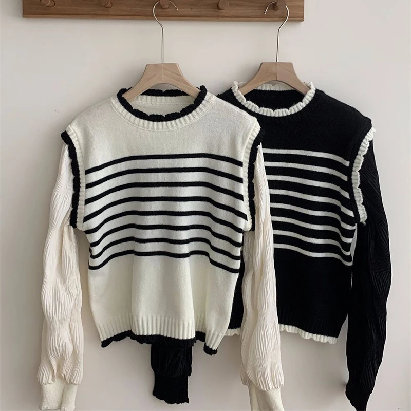 Patchwork Fashion Women Sweaters 2024 Striped Knit Top Autumn Winter Pullovers Knitwears Long Sleeve Clothes Ladies Sweater New