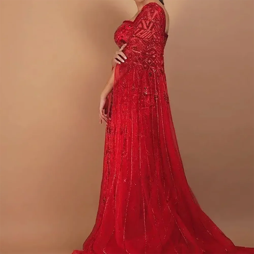 Luxury Red Square Collar Beading Squined Pleat A-Line Formal Evening Dresses Birthday Party Prom Gowns Customized