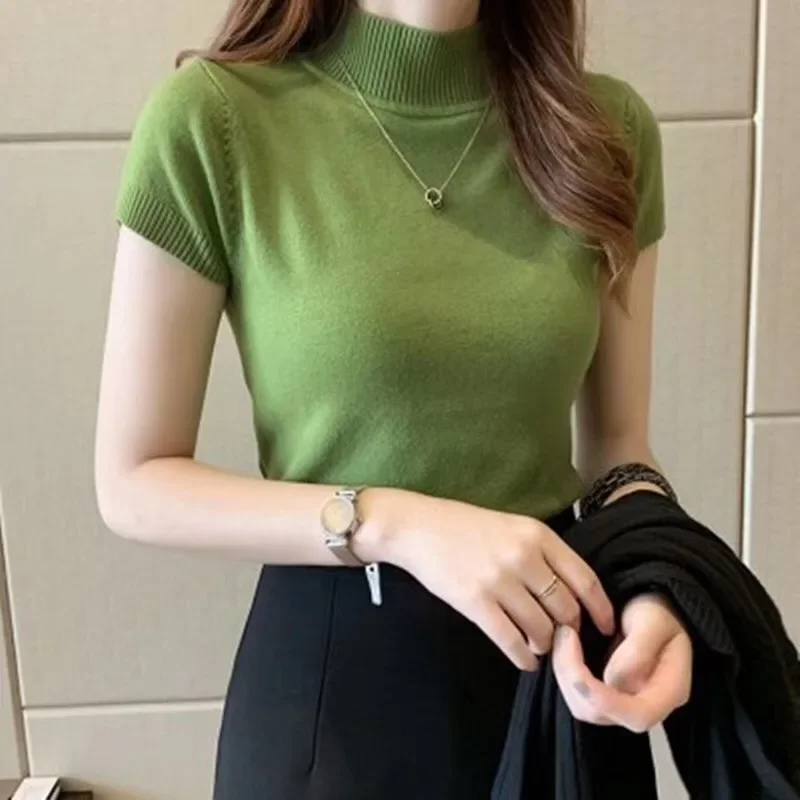 

2023 Solid Knitted Pullovers for Women Half High Collar Tunic Jumper Pull Femme Fashion Short Sleeve Casual Y2k Sweaterr