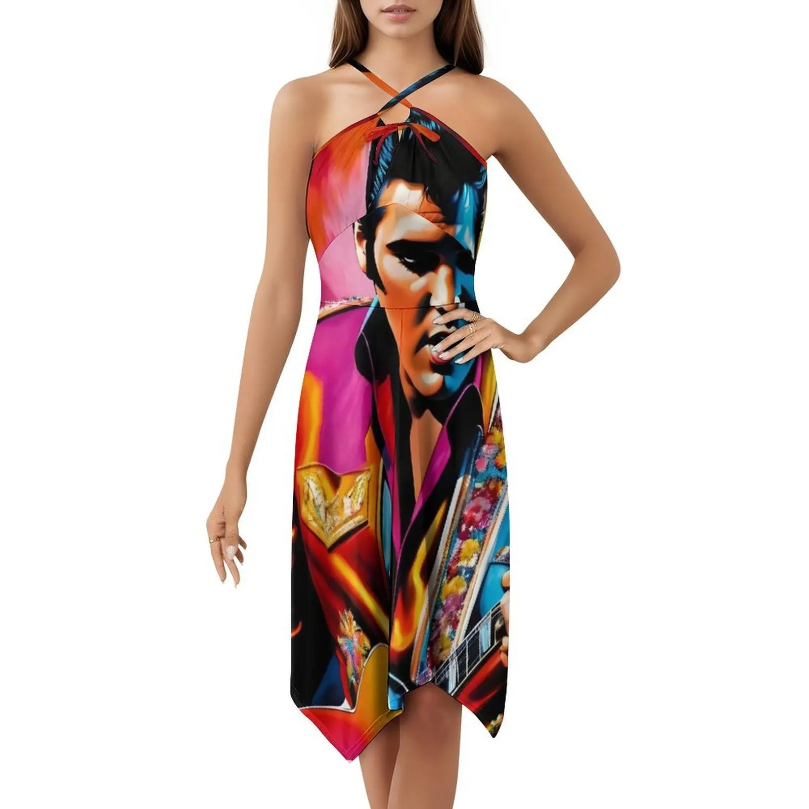 فستان إلفيس مع جيتار بوهيمي بدون أكمام متعدد الطباعة لحفلات العطلات على الشاطئ إلفيس الملك ممفيس ممفيس مافيا للسيدات