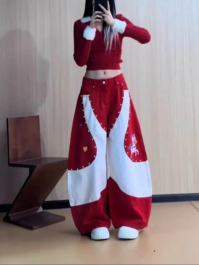 Y2K American Women Jeans Small Horse Embroidery Contrasting Curved Perfect Trendy High-street Kawaii Pants Alternative Fashion