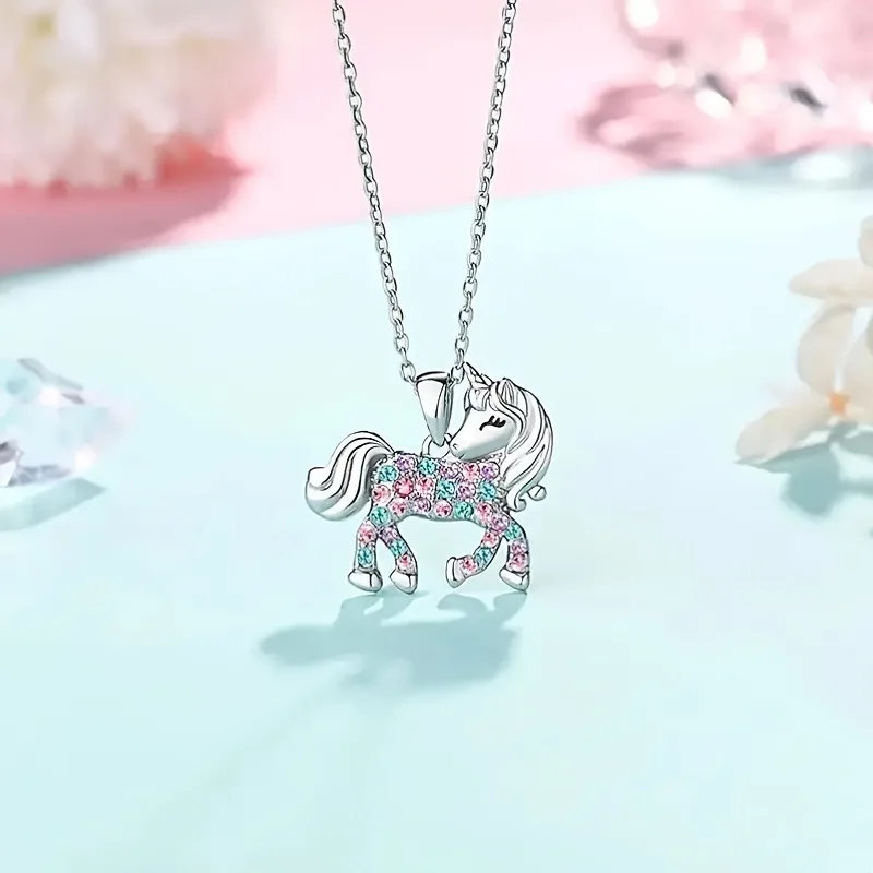 Cute Colorful Crystal Unicorn Horse Pendant Necklace For Girls Boys Children Jewelry Gifts