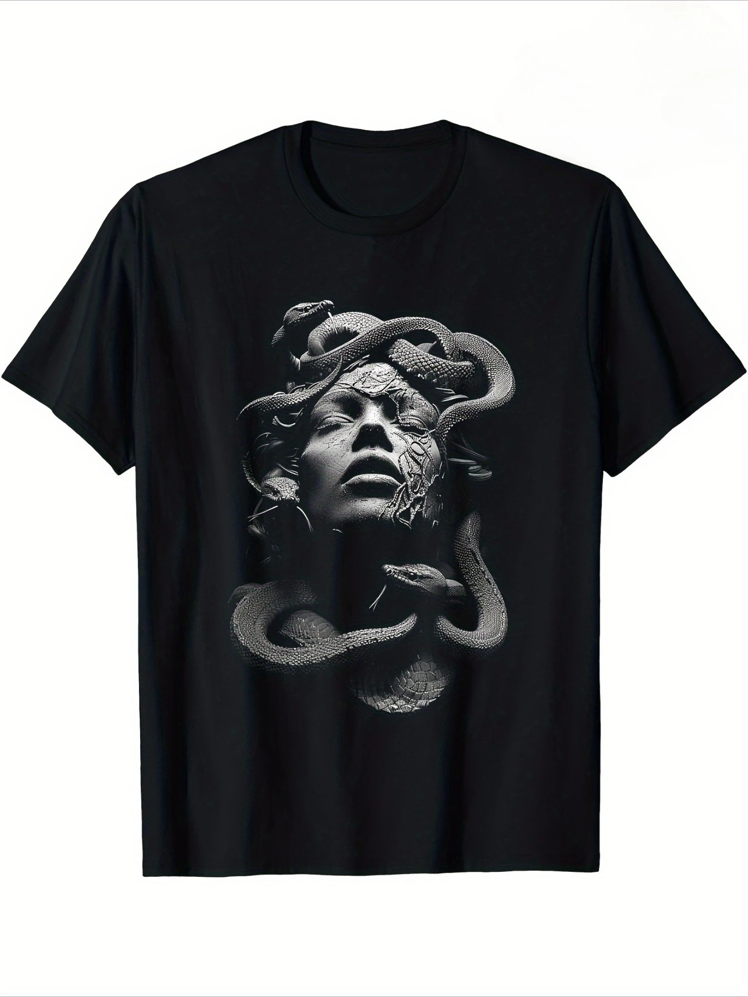 Men's Vintage Medusa & Snake T-Shirt - Heavy Metal Gothic Streetwear Crew Neck Tee with Glossy Black & White Medusa Head & Snake