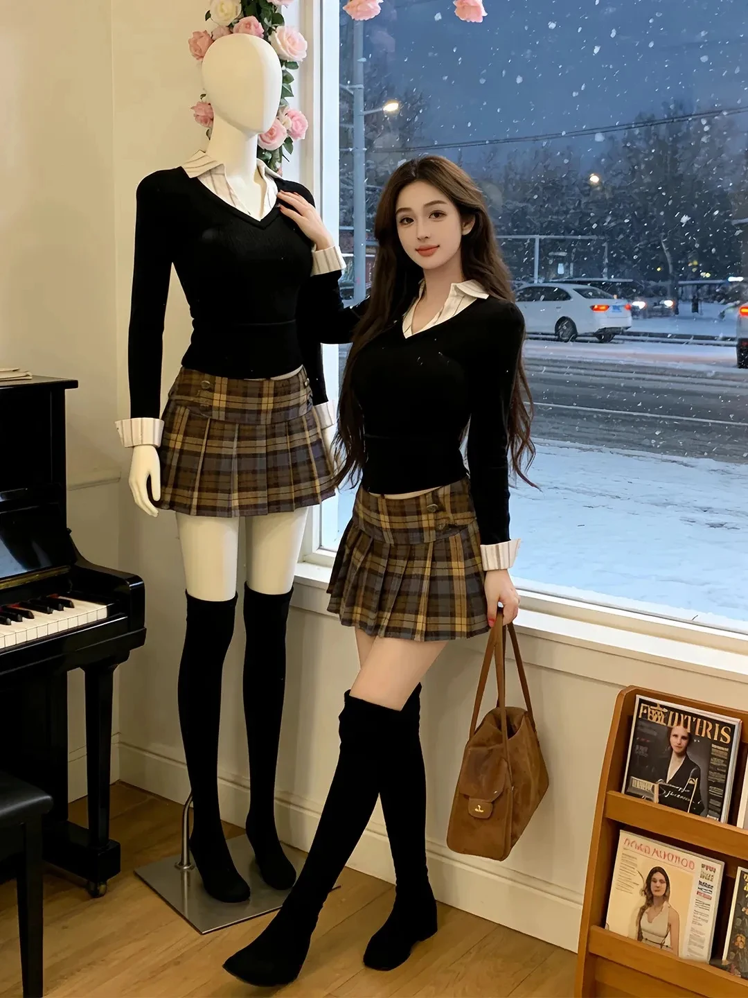 

plus Size Retro Color Blo Plaid Woolen Skirt Women's Autumn Winter College Sle A-Line Pleated Slimming Skirt