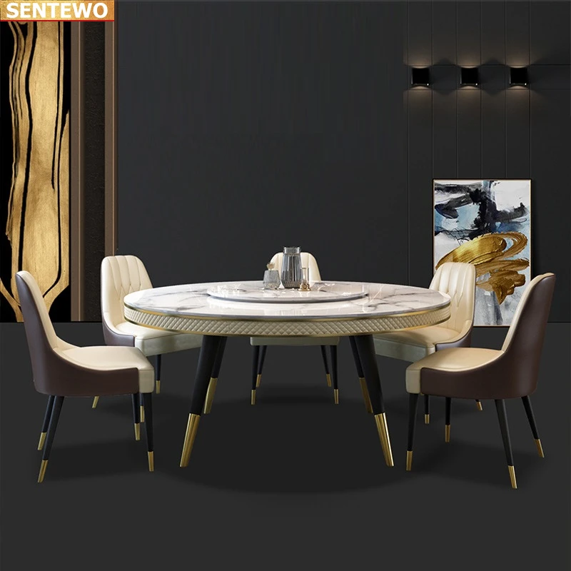 Designer Luxury round dinning Marble Rock Slab dining table set 4 chairs mesa de jantar comedor sillas Stainless steel gold base