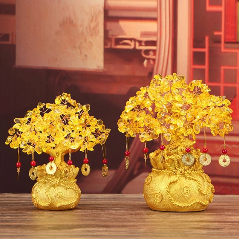 Big Yellow Crystal Creative Citrine Lucky Tree Chinese Feng Shui Lucky Money Tree Fortune Tree for Desktop Ornament Home Decors