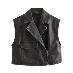 Female Streetwear Faux Leather Waistcoats Solid Sleeveless Pocket Decoration Zipper Spring Vests Woman 2024 Trendy