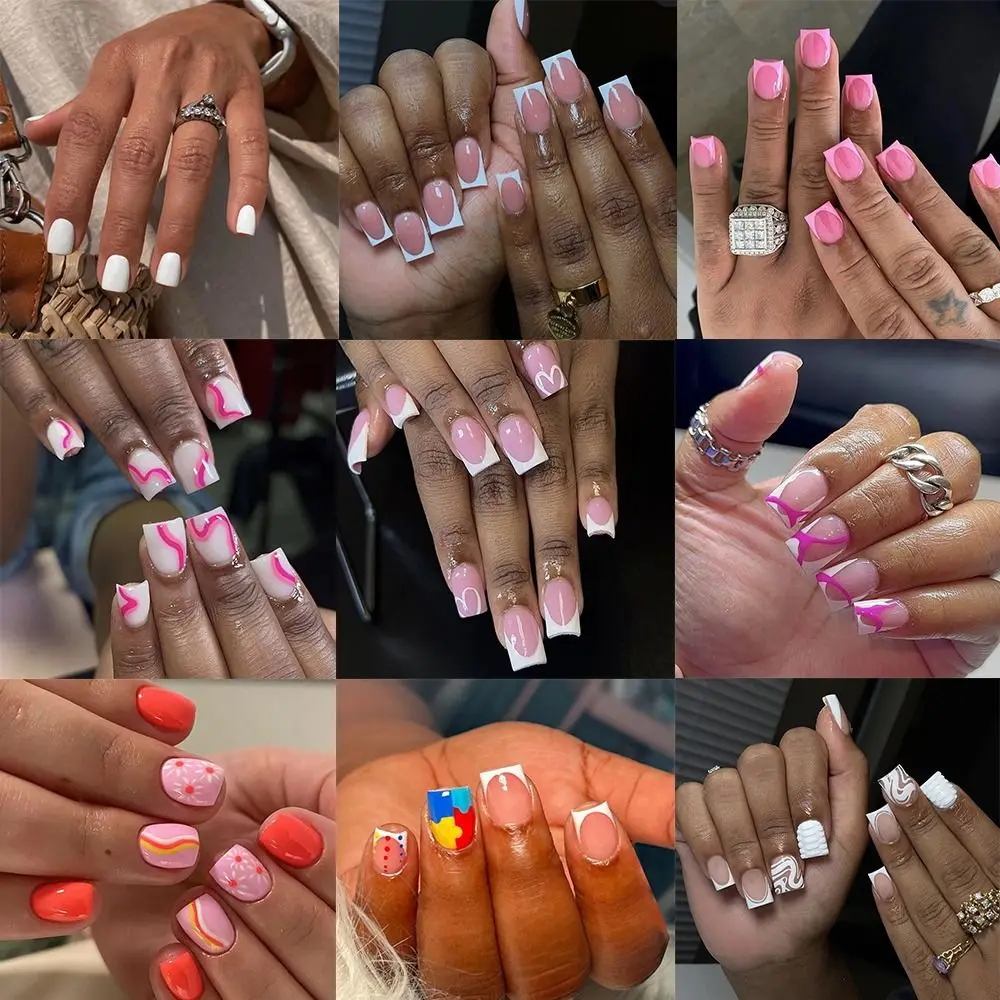 Novas mulheres curto quadrado unhas falsas francês capa completa falso nials destacável imprensa em unhas feminino meninas dicas de unhas