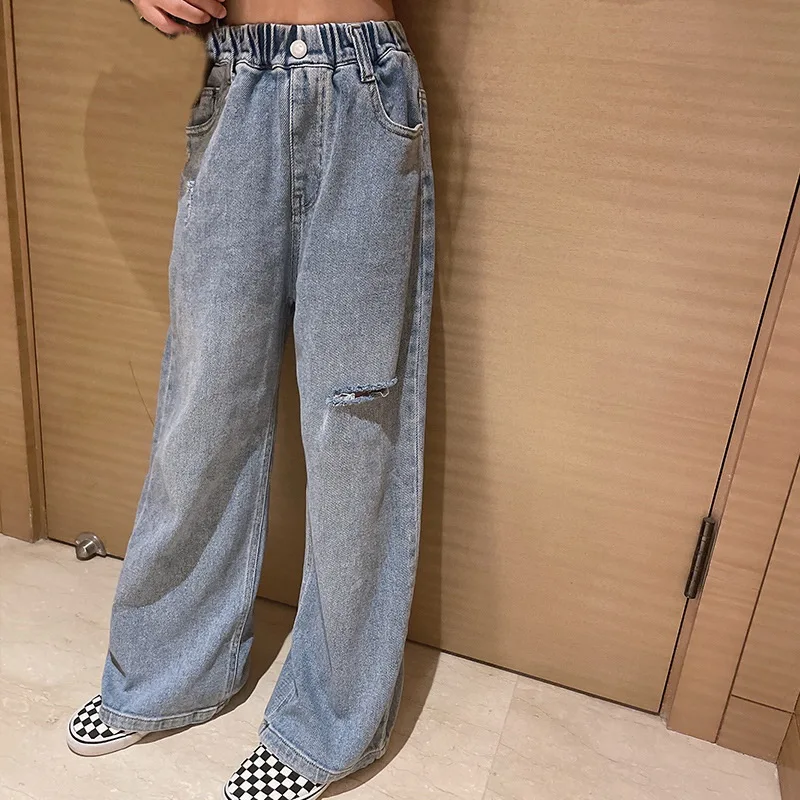 Teenage Girls Jeans 2024 Spring Fall Casual Fashion Loose Ripped Hole Kids Retro Korea Pants School Children Trousers 6 8 10 12Y