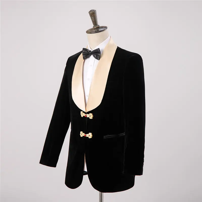 Jane-12  Photo Studio Theme Suit with Buckle Retro Dress Shawl Collar Men\'s Chinese Wedding Dress Photo Photo Black Velvet Suit