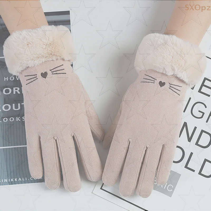 น่ารักผู้หญิงถุงมือฤดูใบไม้ร่วงฤดูหนาวขี่จักรยานกีฬากลางแจ้งถุงมือWindproofเย็บปักถักร้อยหน้าจอสัมผัสFull Fingerถุงมือ