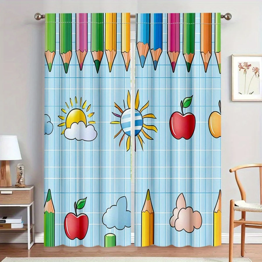 2PCS Digital Printed Curtains, Blue Plaid Color Pencil Design, Modern Minimalist Style for Living Room Bedroom Home Decor